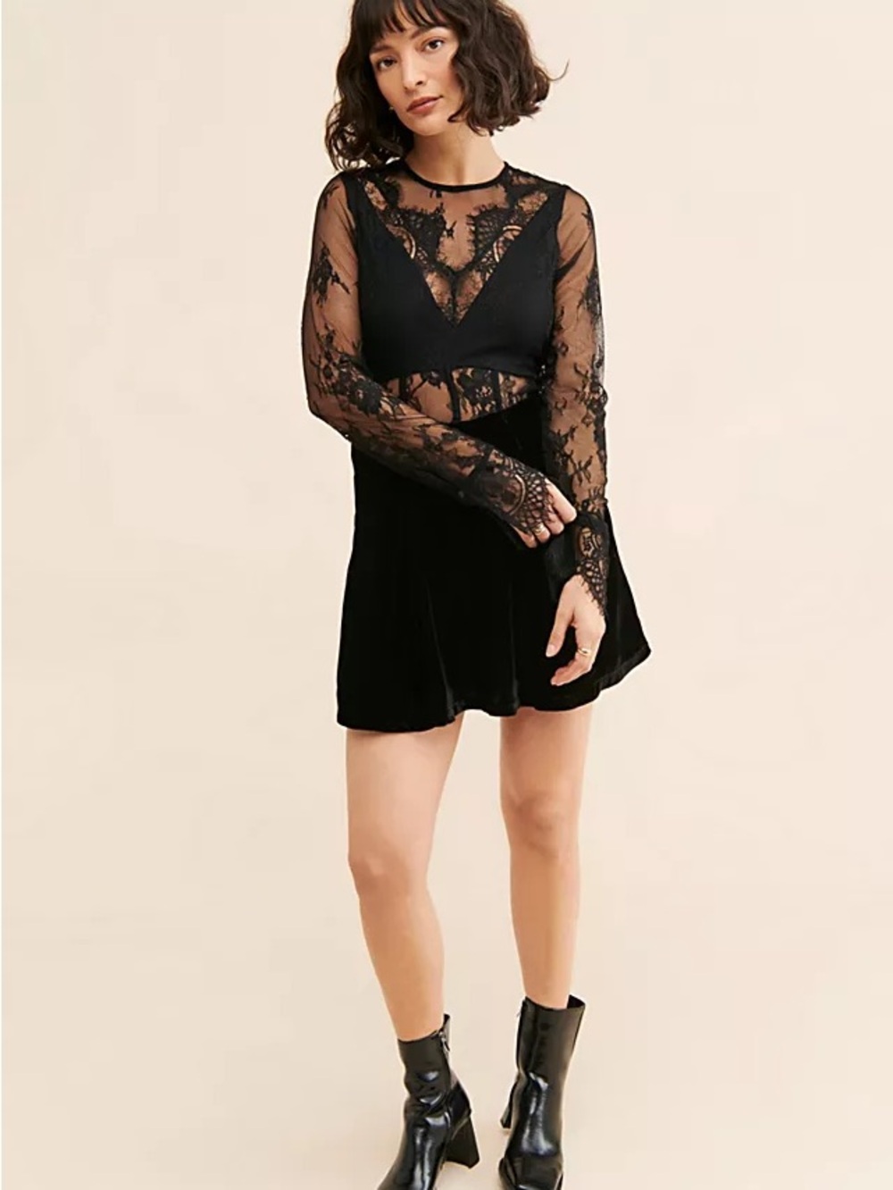 Free People Black Lace & Velvet Mini Dress